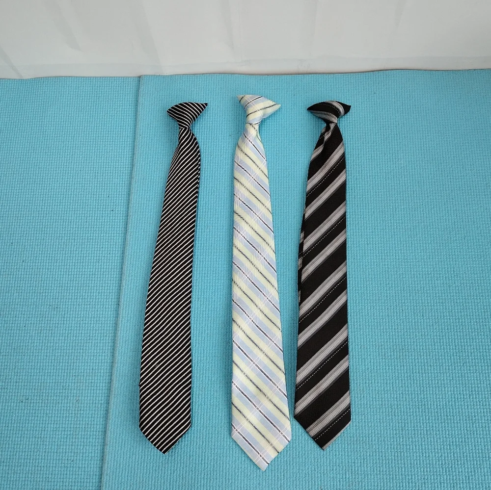 Youth/ Boys Set of 3 Clip On Ties (Black Grey Green/Blue)